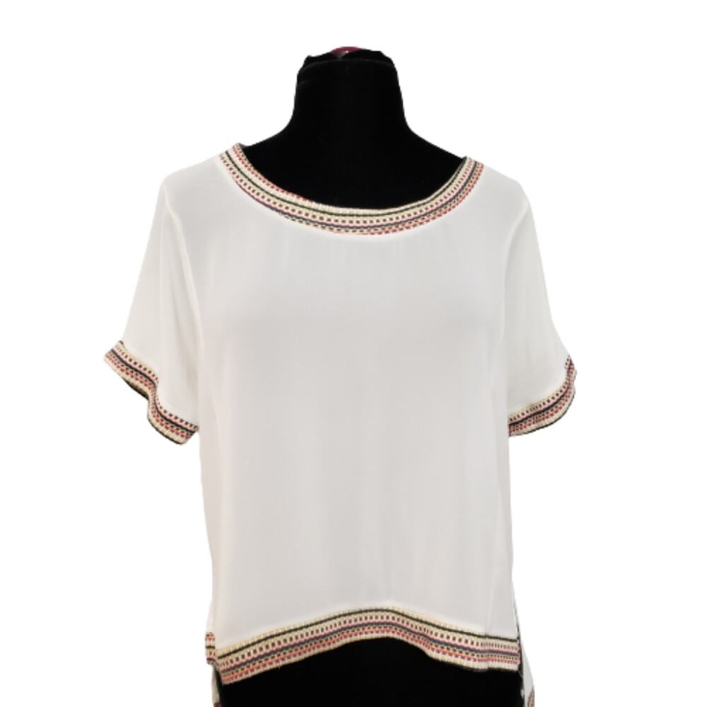 Potter's Pot Semi Sheer Knit Aztec Trim High Low Top Large Southwest Boho Hippie